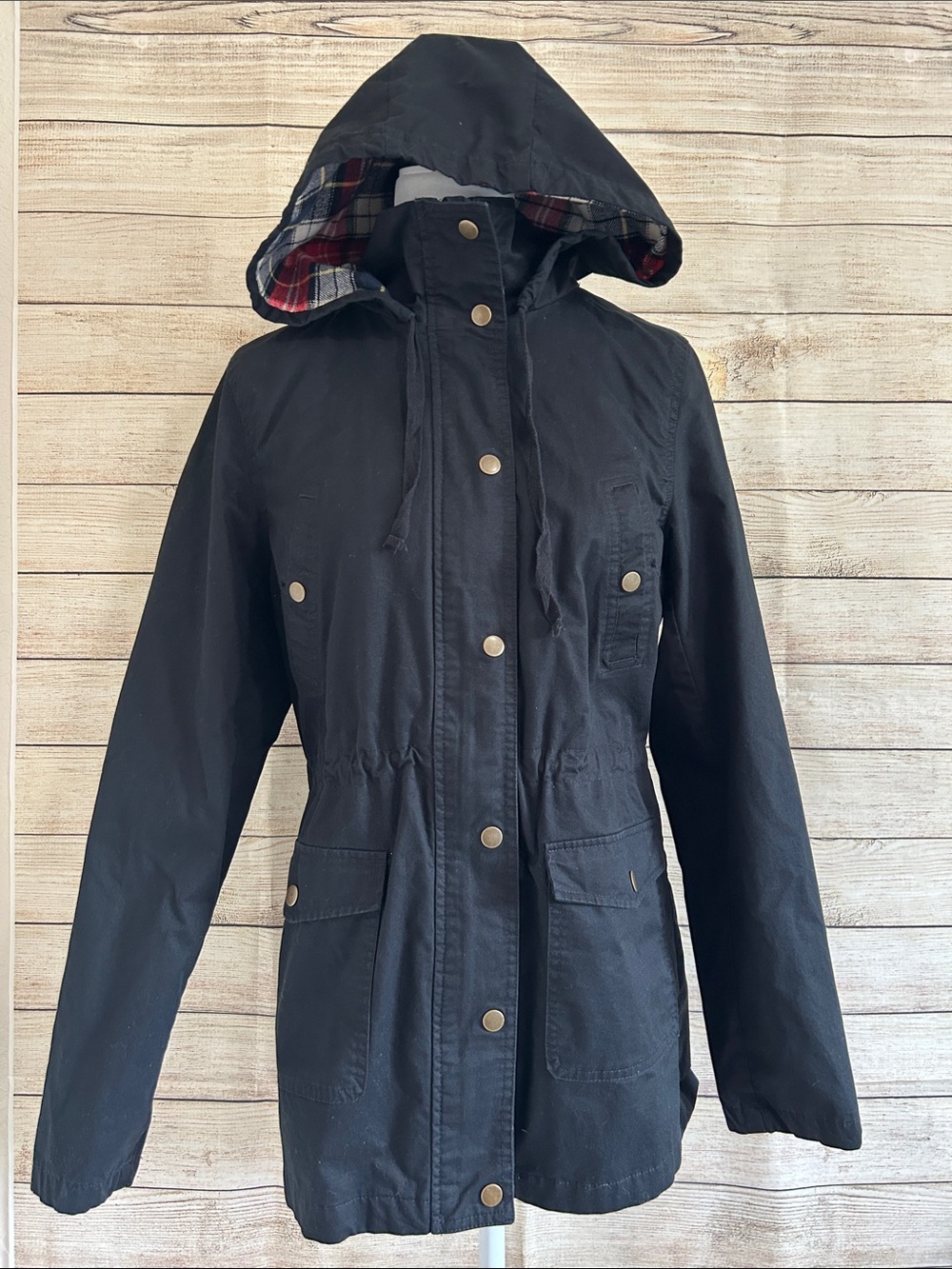 Women's Black Hooded Utility Jacket with Plaid-Lined Hood